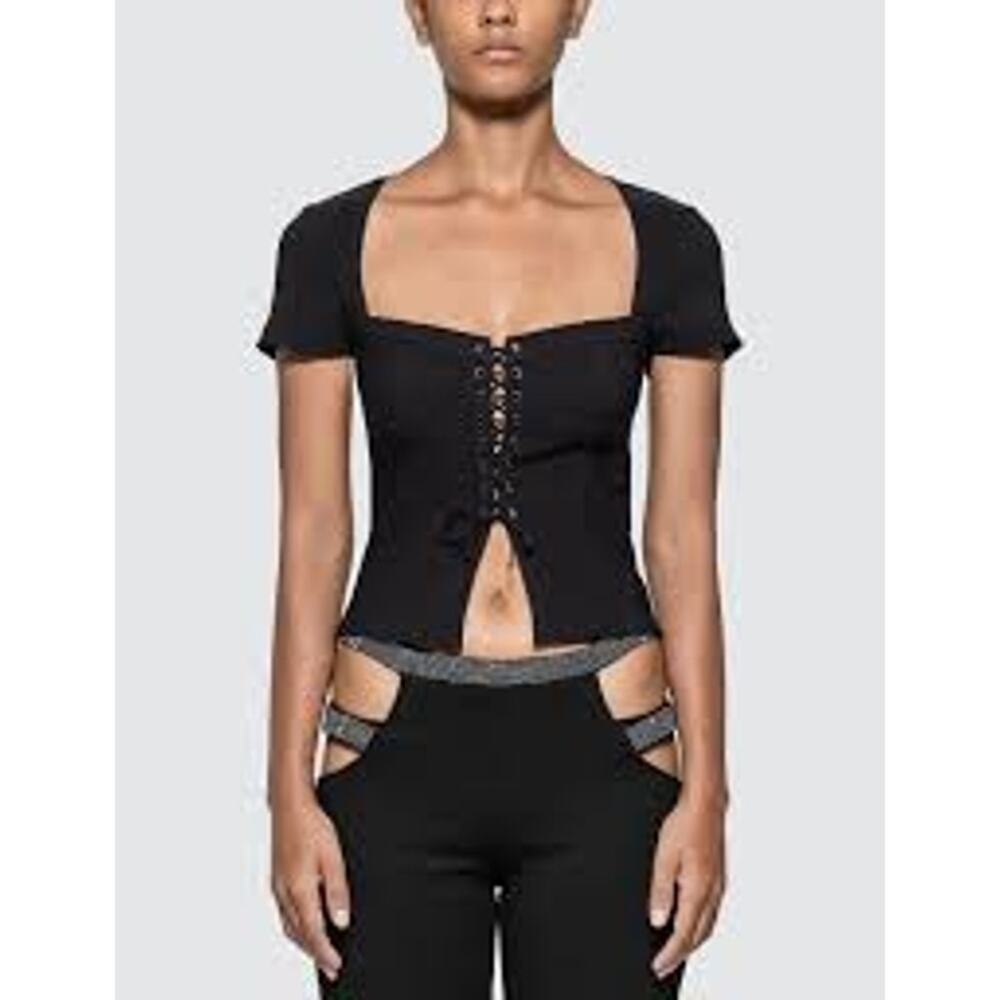I. Am. Gia Womens Size Small Evita Top Black Lace Up Square Neck Cap Sleeves